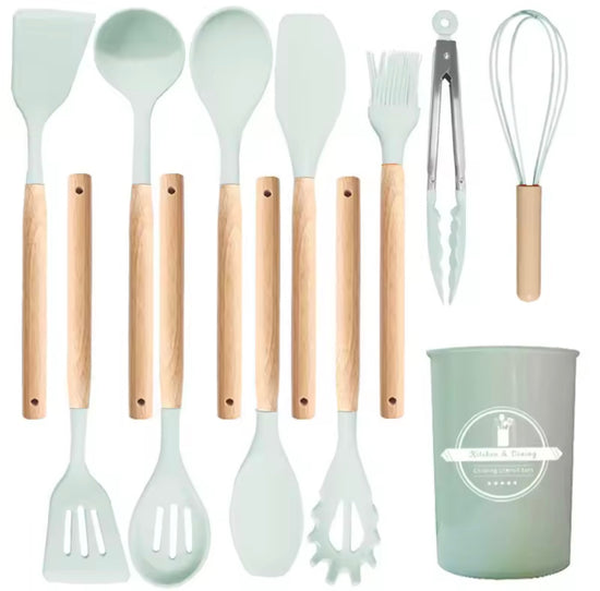 12PCS silicone kitcheware wooden handle cooking tool set