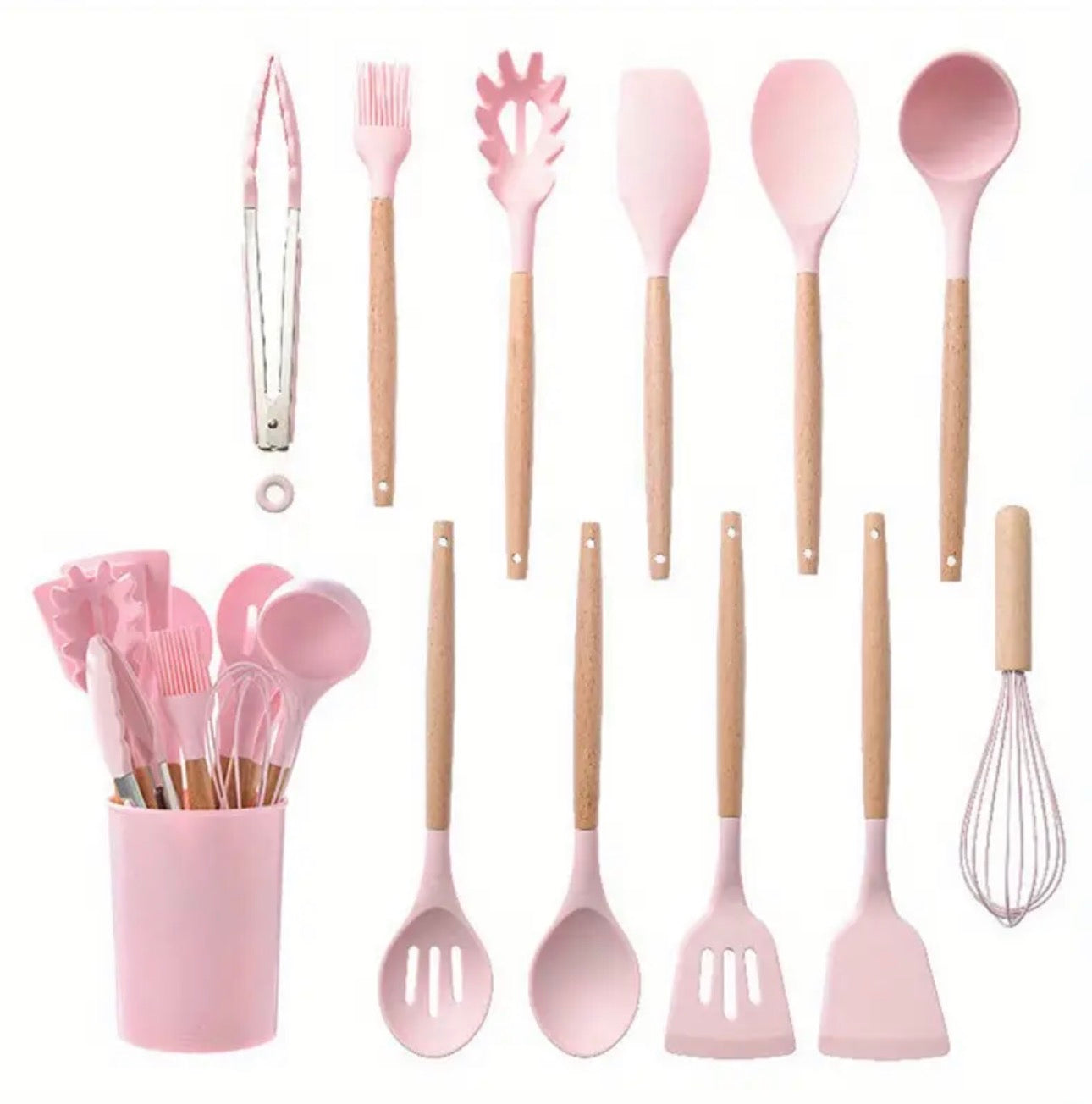 12PCS silicone kitcheware wooden handle cooking tool set