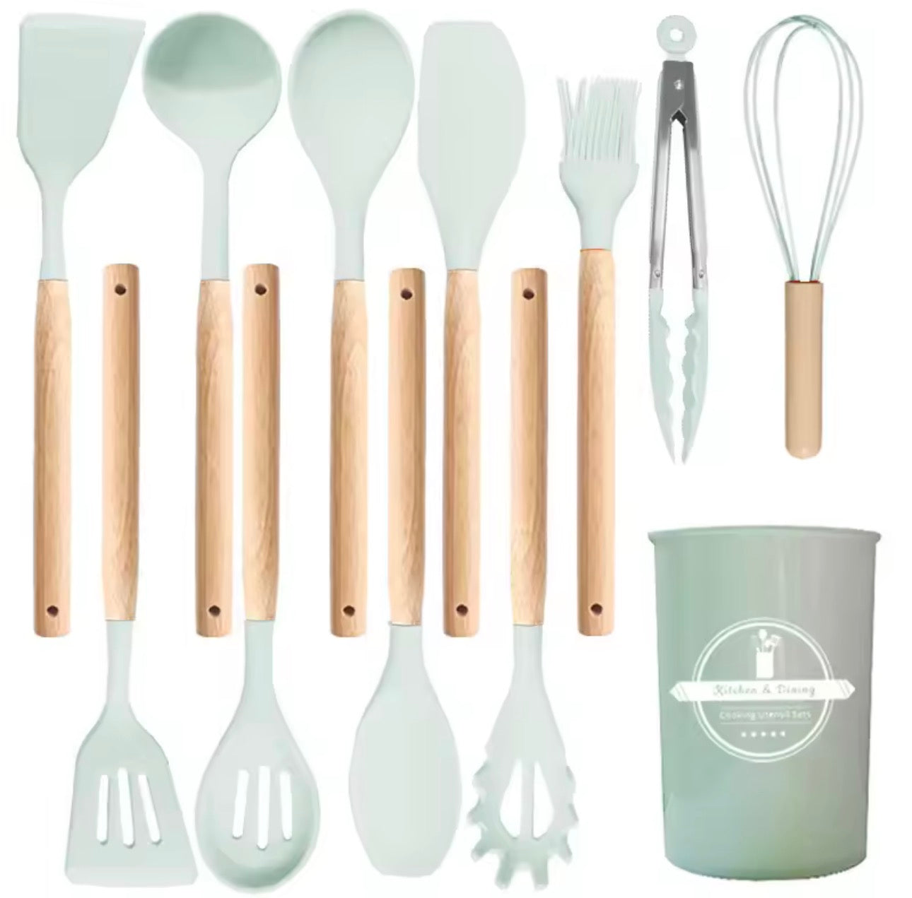 12PCS silicone kitcheware wooden handle cooking tool set