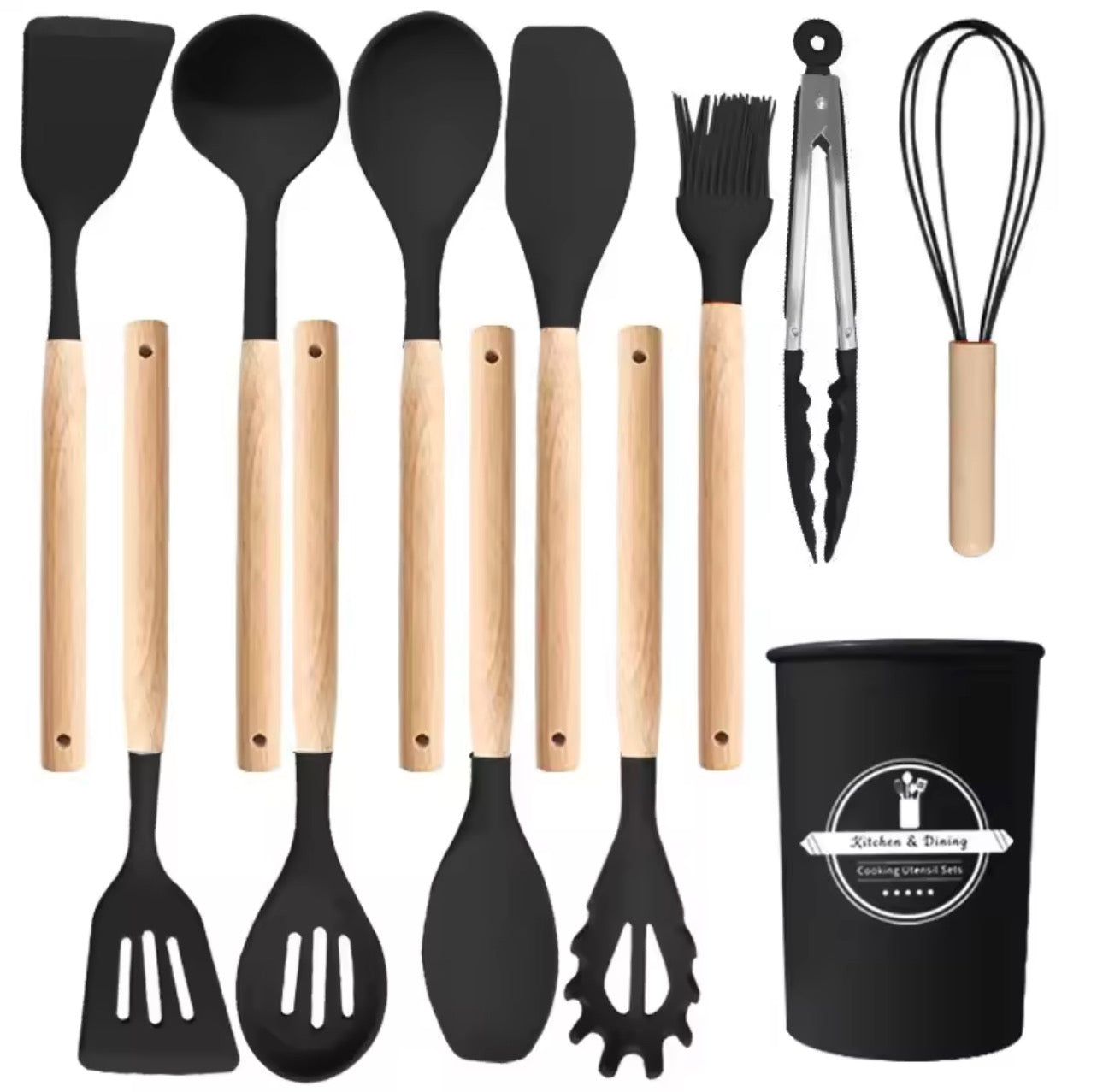 12PCS silicone kitcheware wooden handle cooking tool set