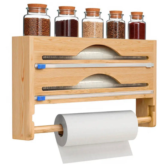 Keep Your Kitchen Neat with This 4-in-1 Wall-Mounted Bamboo Wrap Dispenser